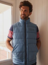 gilet, padded, puffer, lifestyle, mid-blue, blue, pockets, zip-up, jacket, coat, lightweight