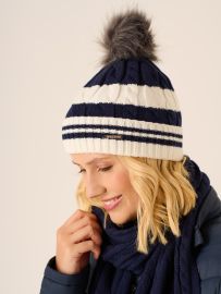 Navy and White Cable Knitted Bobble Hat - Raye