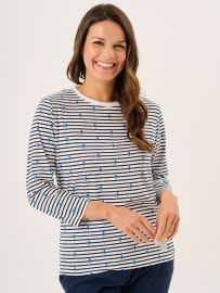 White And Navy 3/4 Sleeve Striped Seahorse Design T-Shirt - Seagal