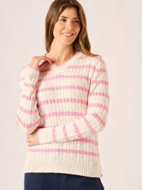 Foam White and Pink V-Neck Cable Jumper - Vince