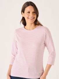 White And Soft Rose 3/4 Sleeve Striped T-Shirt - Wavery