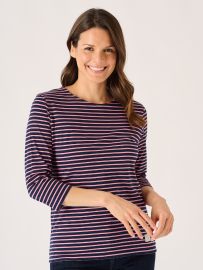 Navy And Soft Rose 3/4 Sleeve Striped T-Shirt - Wavery