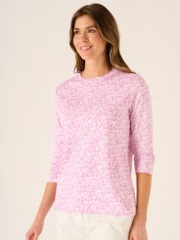 Wess Leaf Print 3/4 Sleeve T-Shirt In Pink And White