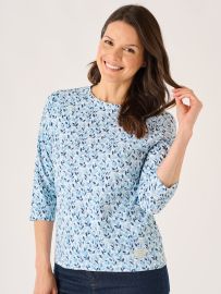 Blue 3/4 Sleeve Leaf Print Design T-Shirt - Wesson