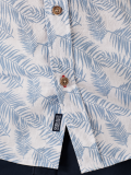 white, blue, light blue, leaf print, shirt, summer shirt, button up, wooden button, chest pocket ,all over print