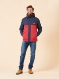 navy, red, colour block, jacket, water proof, wind proof, hooded, zip up, fleece lined