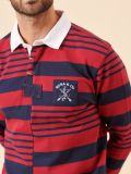 red, deep red, navy, deep navy, polo top, polo shirt, top, long sleeve, stripe, collared, rugby top