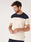Men's T-shirt Tee Top Short Sleeve Beige Navy Colour Block Quba and Co Embroidery 