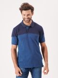 blue, mid blue, navy, colour block, polo, top, t-shirt, short sleeve, embroidery, button up