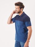 blue, mid blue, navy, colour block, polo, top, t-shirt, short sleeve, embroidery, button up