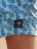 swim shorts, swimming shorts, men's swim shorts, aqua blue, patterned, graphic, blue, light blue, leaf print, print