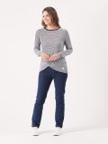 striped, long sleeve, t-shirt, top, cotton, casual, pink embroidery, navy, white, twist front