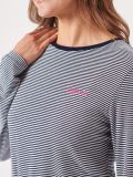 striped, long sleeve, t-shirt, top, cotton, casual, pink embroidery, navy, white, twist front