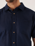 navy, navy shirt, shirt, short sleeve shirt, chest pocket, button up, dark navy, wooden buttons,