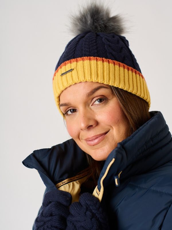Ladies Navy and Ochre Cable Knitted Bobble Hat - Antrim