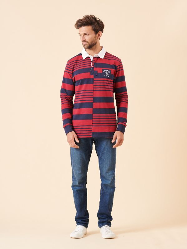 red, deep red, navy, deep navy, polo top, polo shirt, top, long sleeve, stripe, collared, rugby top