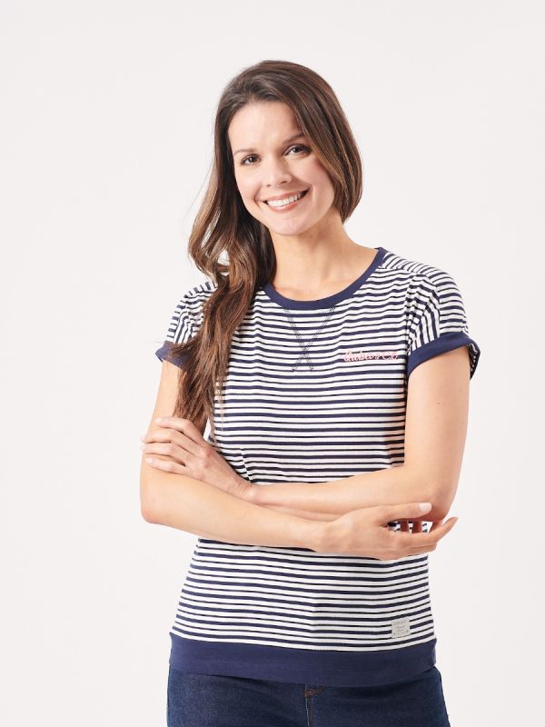 stripe t-shirt, womens stripe t-shirt, ladies stripe t-shirt, navy and foam white stripe t-shirt, short sleeve t-shirt, short sleeve top, stripe top, striped t-shirt