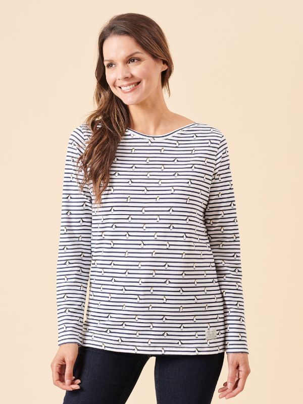 ladies stripe t-shirt, womens stripe t-shirt, navy and white stripes, penguin, boat neck, boat neck t-shirt, penguin stripe t-shirt, long sleeve