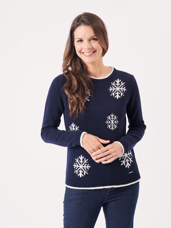 ladies jumper, womens jumper, ladies knitwear, womens knitwear, snowflake jumper, ladies snowflake jumper, navy knitted jumper, 