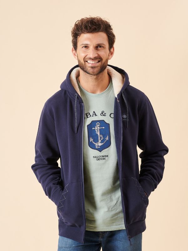 navy, zip through, zip up, hoody, hoodie, sweatshirt, faux fur lined, fleece, sweat jacket, winter, basic, cream lining,  