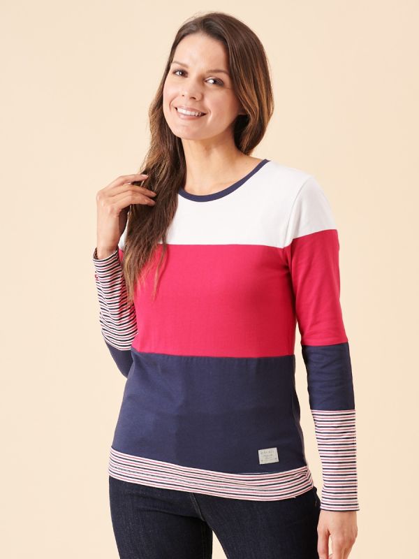 colour block, stripe, t-shirt, top, long sleeve, white, pink, navy, contrast, ladies, basic