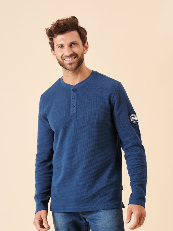 long sleeve, t-shirt, top, tee, button chest, blue, mid blue, basic
