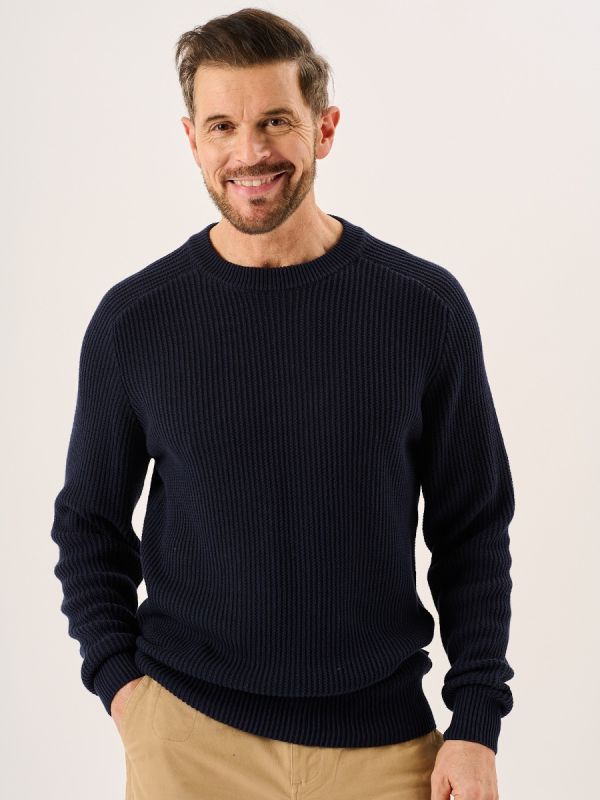 Men's Dark Navy Textured Rib Knitted Lifestyle Jumper - Hancock