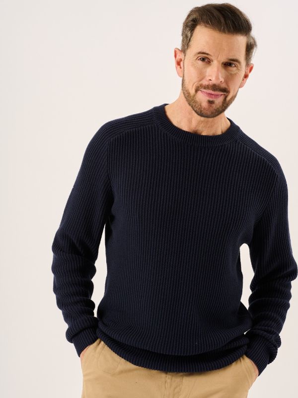 Men's Dark Navy Textured Rib Knitted Lifestyle Jumper - Hancock