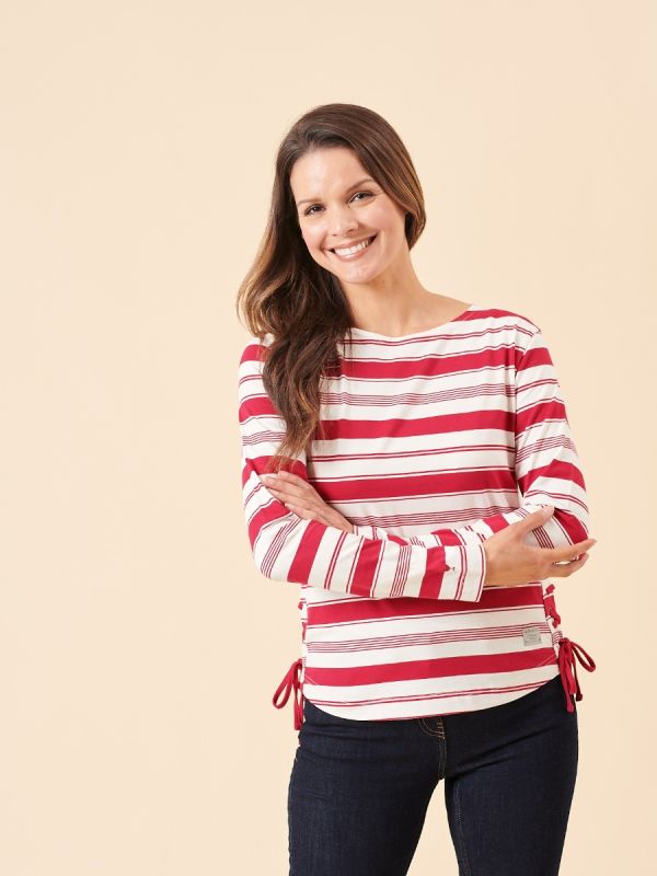 stripe, long sleeve, t-shirt, top, ladies, red, pink, white, magenta, side tie, tie up
