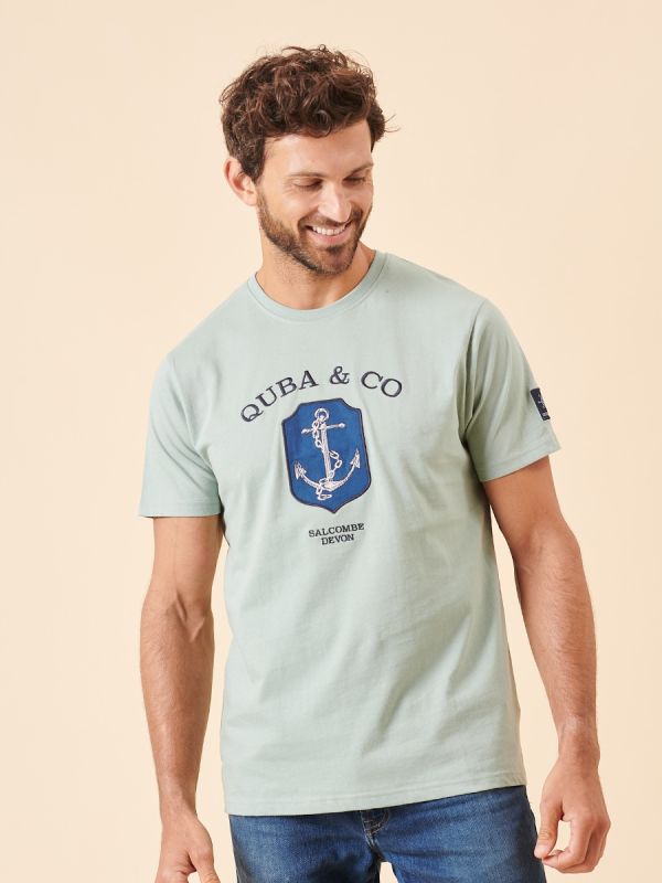 green, sage green, pale, navy, blue, anchor, embroidery, graphic, basic, t-shirt, top, tee