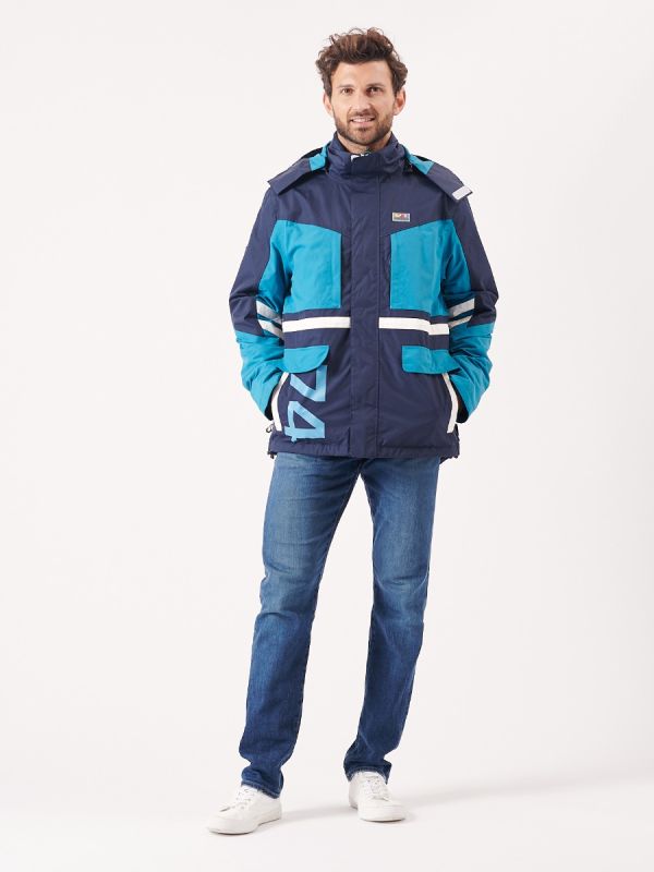 navy, teal, white, technical, fleece lined, hooded, sailing, jacket, coat, multi pockets, detachable hood, contrasting, features, x-series, sporty