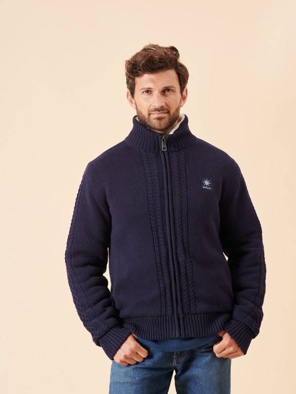 borg lined, knit, zip through, zip thru, zip up, jumper, jacket, fleece, navy, cable knit, ribbed, winter, autumn, mens 