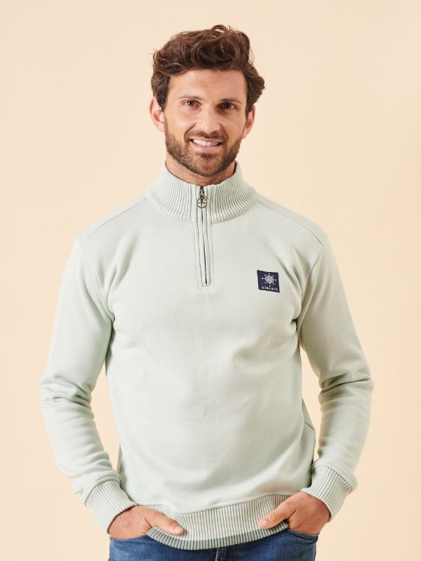 green, pale, sage, quarter zip, jumper, pull over, knitted, sweatshirt, ribbed, contrast, soft, autumn, winter, mens