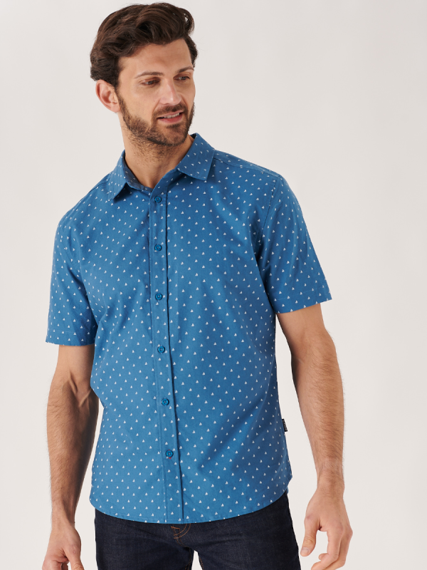 blue, blue shirt, button up, all over print, boat print, 