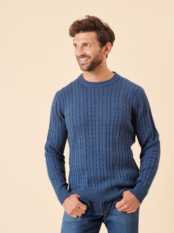 blue, slate blue, mid blue, cable knit, knitted, jumper, sweater, pull over, ribbed, embroidery, mens, autumn, winter