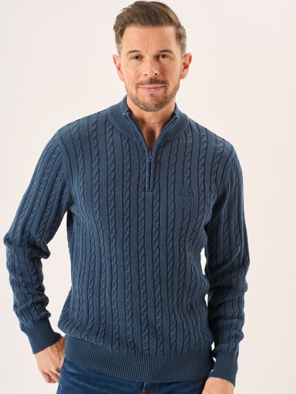 Nordic Blue Zip Neck Cable Knit Lifestyle Jumper - Noble