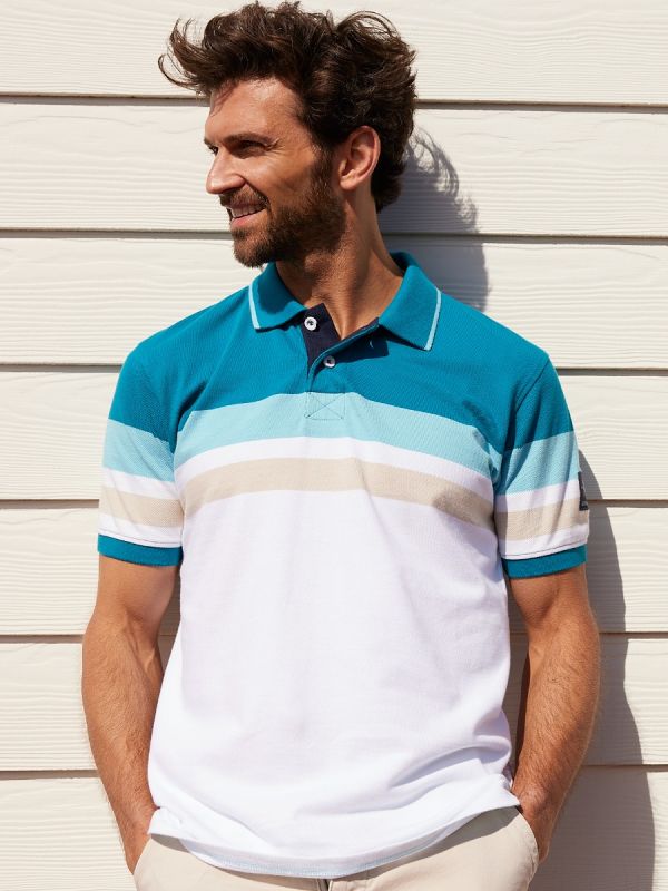 polo, polo shirt, top, short sleeve, striped, blue, white, beige, summer, smart, casual, button up, mens