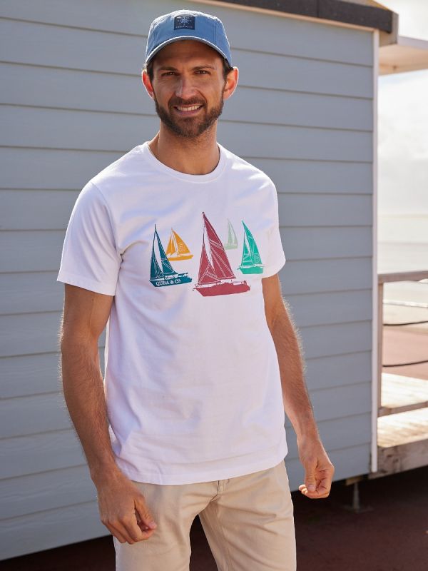 white, t-shirt, t shirt, tee, top, colourful, graphic, sailing boats, casual, summer, mens