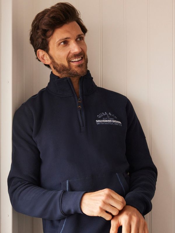 navy, sweatshirt, zip, quarter zip, lifestyle, jumper, pull over, embroidered, blue 