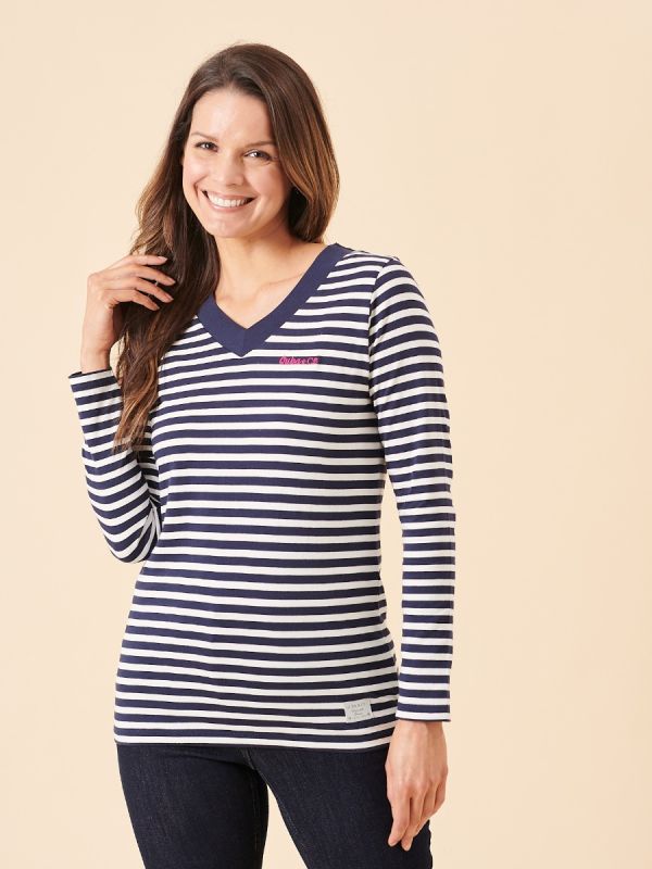 ladies long sleeve top, v-neck top, v-neck t-shirt, stripe long sleeve t-shirt, navy stripe top, womens t-shirt, ladies t-shirt, womens stripe top