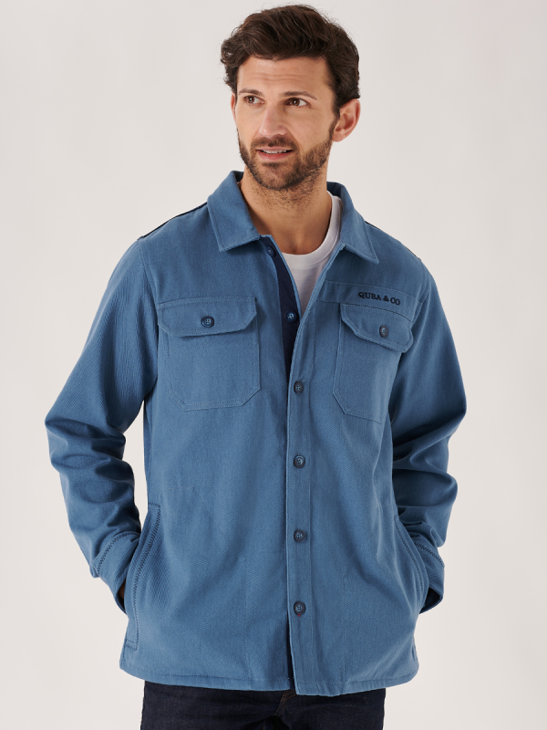 shacket, over shirt, thick shirt, blue, navy details, button up, summer shacket, pockets, lifestyle