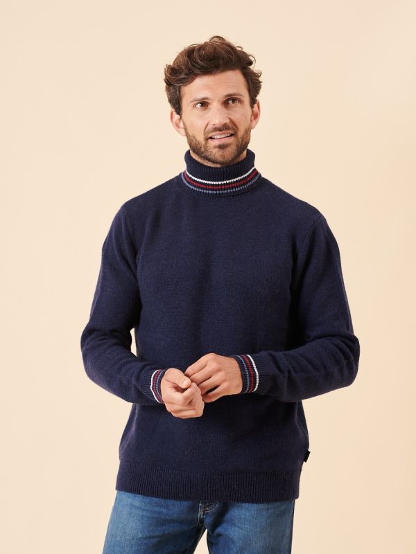 navy, wool, merino, red, white, stripe detail, roll neck, turtle neck, winter, autumn, christmas, gift, mens