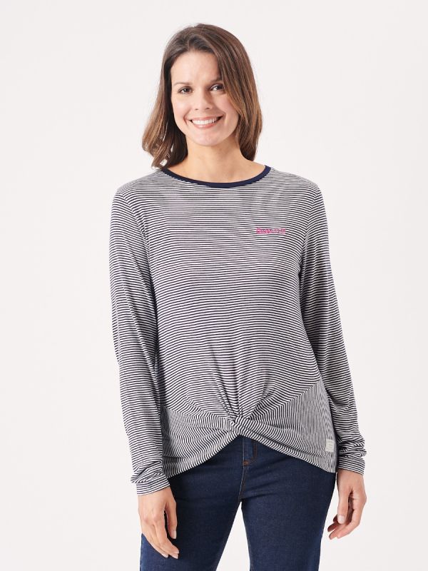 striped, long sleeve, t-shirt, top, cotton, casual, pink embroidery, navy, white, twist front