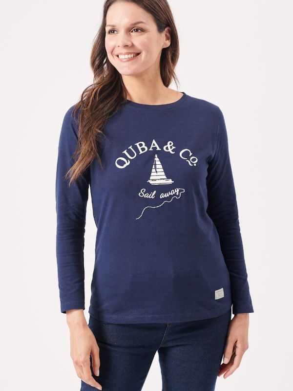 ladies t-shirt, womens t-shirt, ladies long sleeve t-shirt, sail away, boat t-shirt, navy t-shirt, ladies logo top, logo tee, logo t-shirt, womens top