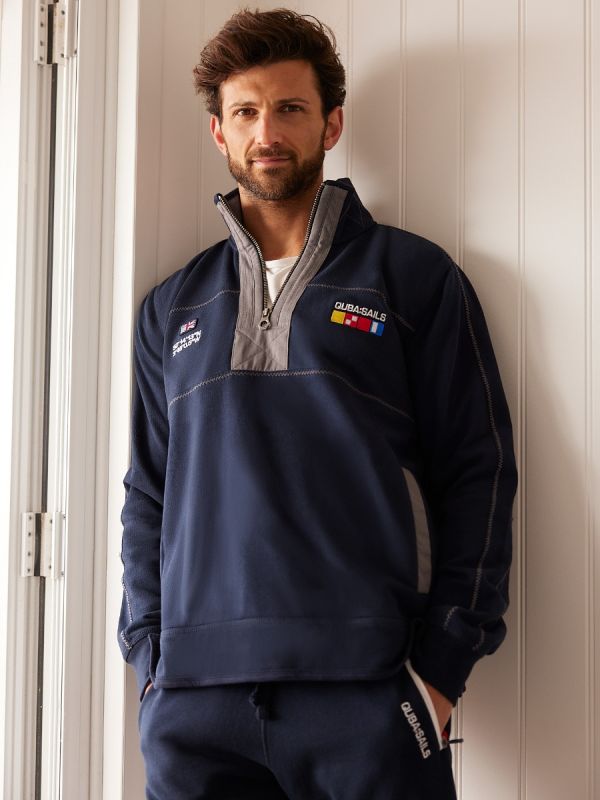 navy, quarter zip, x-series, embroidered, grey, zigzag stitching, sweatshirt, jumper, pull over, fleece
