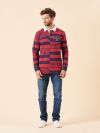 red, deep red, navy, deep navy, polo top, polo shirt, top, long sleeve, stripe, collared, rugby top