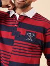 red, deep red, navy, deep navy, polo top, polo shirt, top, long sleeve, stripe, collared, rugby top