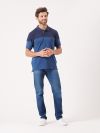 blue, mid blue, navy, colour block, polo, top, t-shirt, short sleeve, embroidery, button up