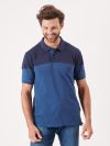 blue, mid blue, navy, colour block, polo, top, t-shirt, short sleeve, embroidery, button up