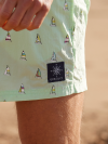 swimwear, swimshorts, menswear, mens swim, green, spearmint, all over pattern, print, lifestyle, sailboat